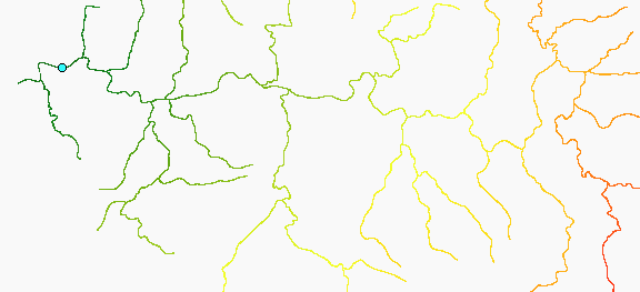 Map of distance calculations along a stream network from a stream gauge